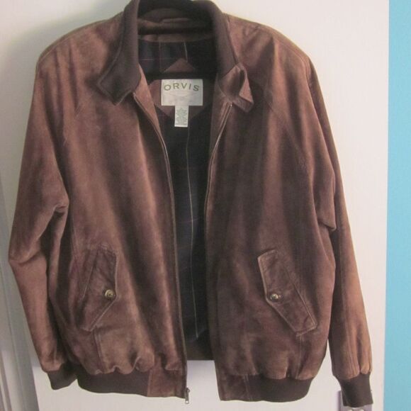 Orvis Mens Size L Brown Leather Jacket Zip Front Coat 54” Chest - Picture 3 of 14